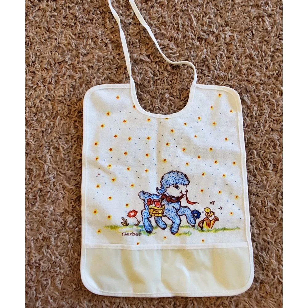 VTG GERBER Baby Coverall BIB soft Vinyl 80s Sheep Lamb Catch-all Pocket‎ Tie Bck